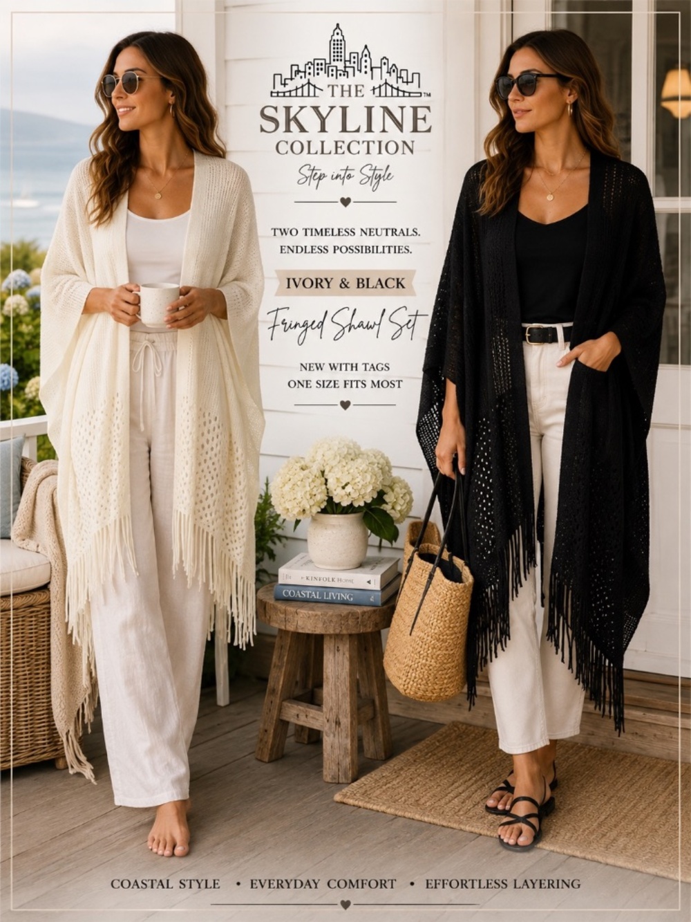 The Skyline Collection Women's Ivory and Black Fringed Open Front Shawl Sweater